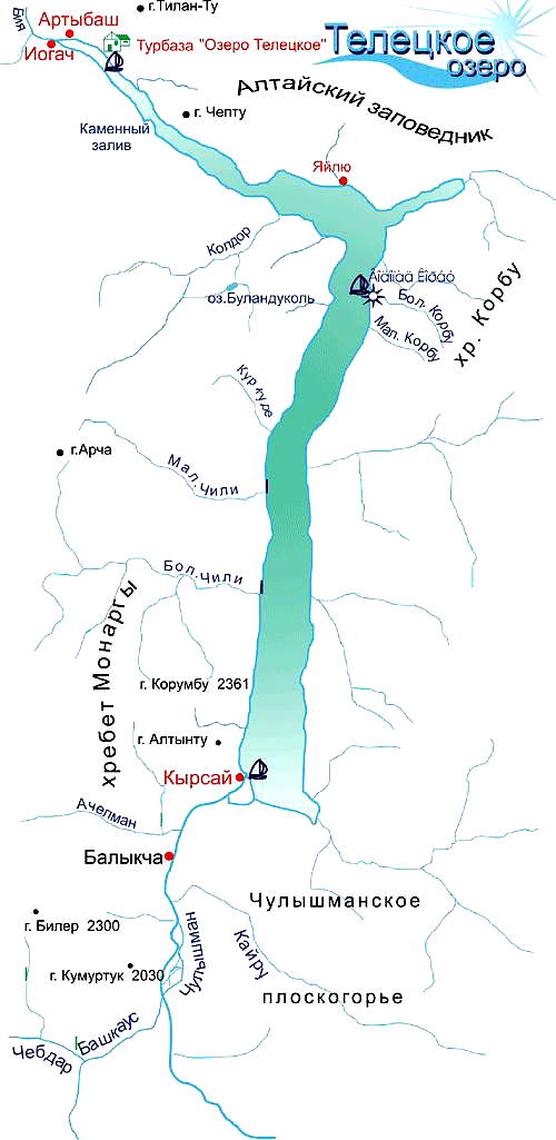 Карта Телецкого озера, путешествпие с юга на север