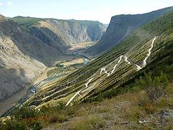 Горный Алтай : Алтаеведение : Кату-Ярык. Серпантин на фоне долины Чулышмана
